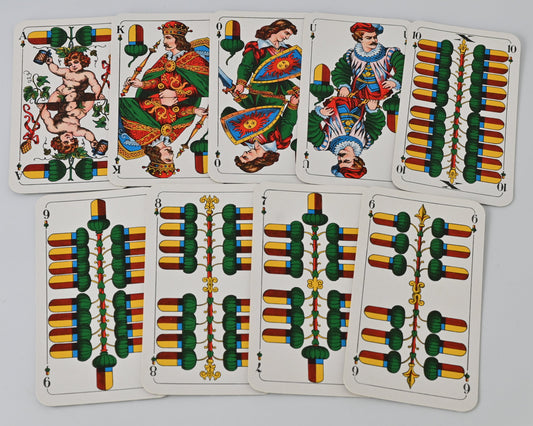 Tarock Kartenspiel, Altenburger Spielkarten, bayerisches Doppelbild, deutsches Blatt, für Tarock und Schafkopf, Einzelstück, 1950er Jahre
