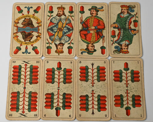 Skatspiel, Skat Karte Nr. 128, Altenburger Spielkarten, Schwerdter Karte, sächsisches Doppelbild, deutsches Blatt, Einzelstück, 1940er Jahre