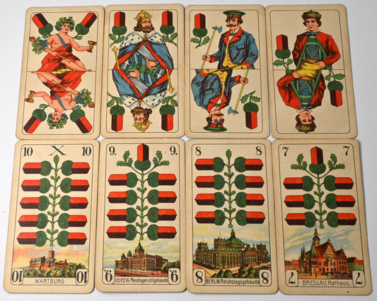 Skatspiel in Holzbox, Altenburger Spielkarten, preußisches Doppelbild, deutsches Blatt, Einzelstück, 1940er Jahre