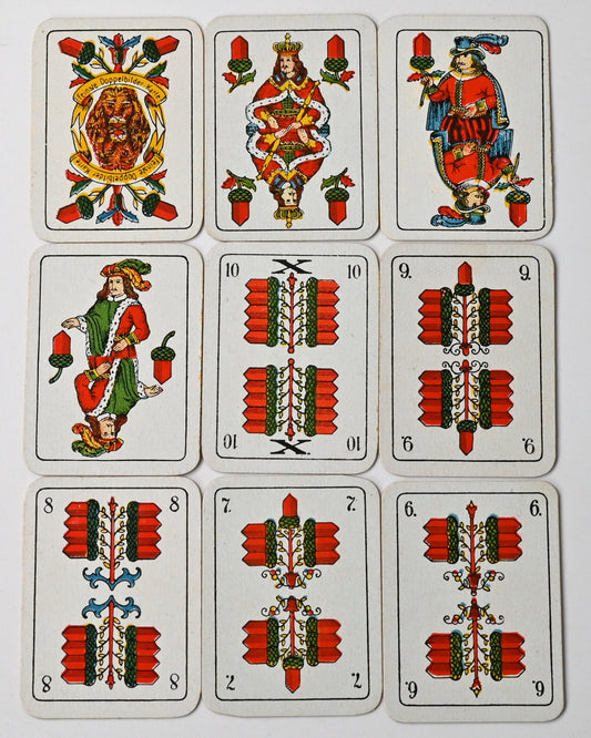 Tarock - Miniatur, Schafkopf, in Streichholzschachtel, B Dondorf Design in ASS Zeit, feine Doppelbilder Karte, Einzelstück, 1930er Jahre