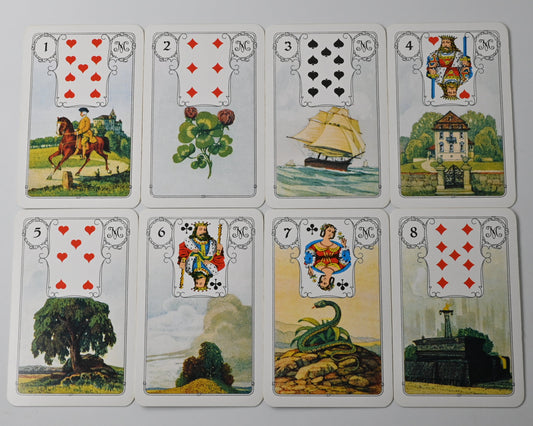 Vintage Lenormand Wahrsagekarten mit traditionellen Spielkartenmotiven, klassisches Zukunftsorakel, J. M. Müller Cie, Einzelstück, 1970er Jahre