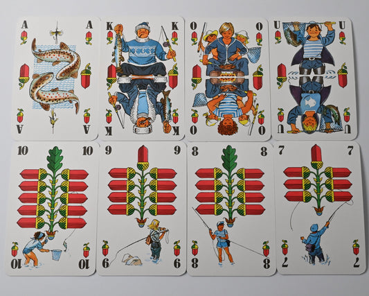Skatspiel DDR, VEB Altenburger Spielkarten, Souvenir Skat Angler Motiv, deutsches Blatt, 1980er Jahre
