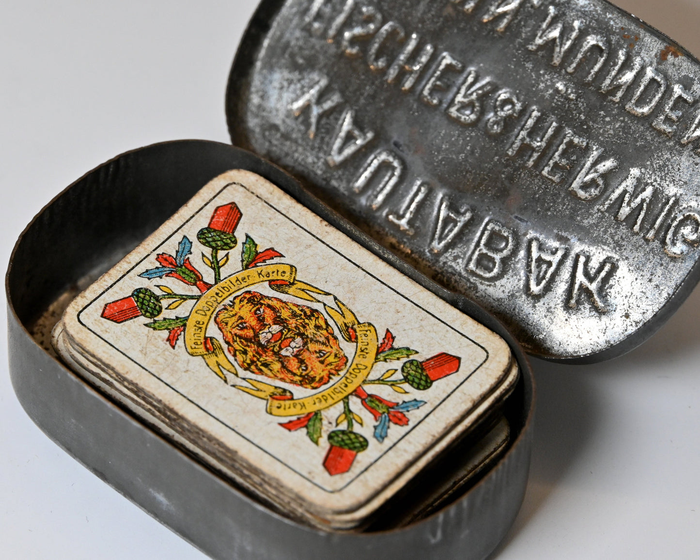 Miniature Skat Deck, B. Dondorf Frankfurt, German Pattern, Finest Double-Headed Cards, in Tin Box, One-of-a-Kind, 1930s