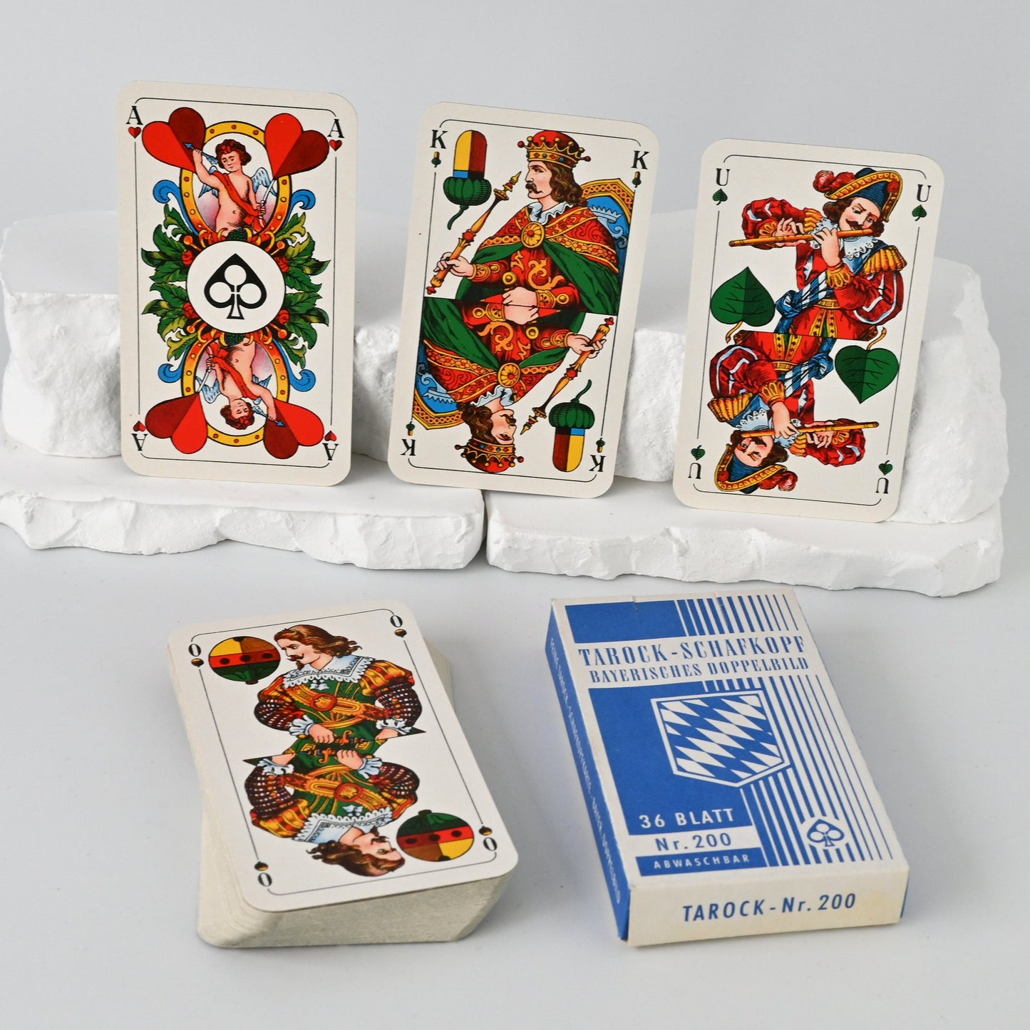Tarock Kartenspiel, Altenburger Spielkarten, bayerisches Doppelbild, deutsches Blatt, für Tarock und Schafkopf, Einzelstück, 1950er Jahre