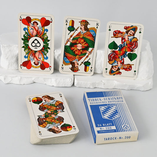 Tarock Kartenspiel, Altenburger Spielkarten, bayerisches Doppelbild, deutsches Blatt, für Tarock und Schafkopf, Einzelstück, 1950er Jahre