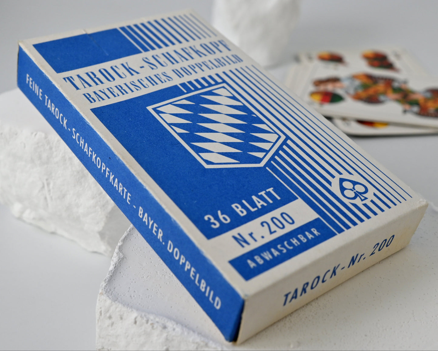 Tarock Kartenspiel, Altenburger Spielkarten, bayerisches Doppelbild, deutsches Blatt, für Tarock und Schafkopf, Einzelstück, 1950er Jahre