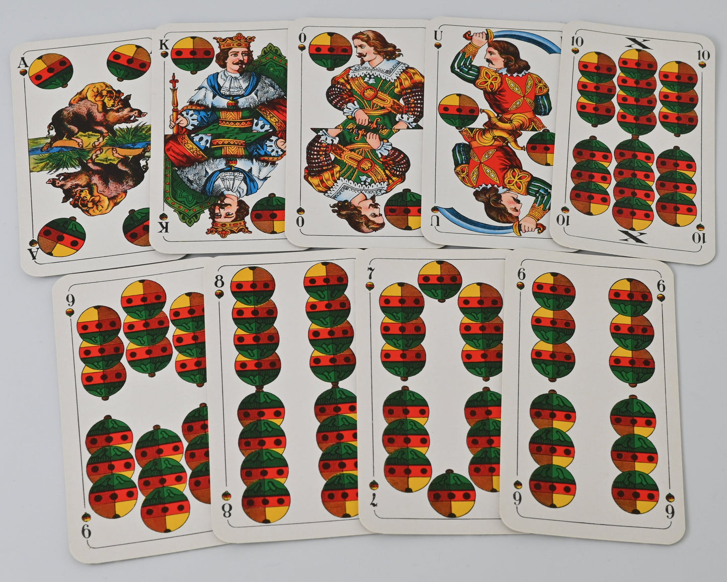 Tarock Kartenspiel, Altenburger Spielkarten, bayerisches Doppelbild, deutsches Blatt, für Tarock und Schafkopf, Einzelstück, 1950er Jahre