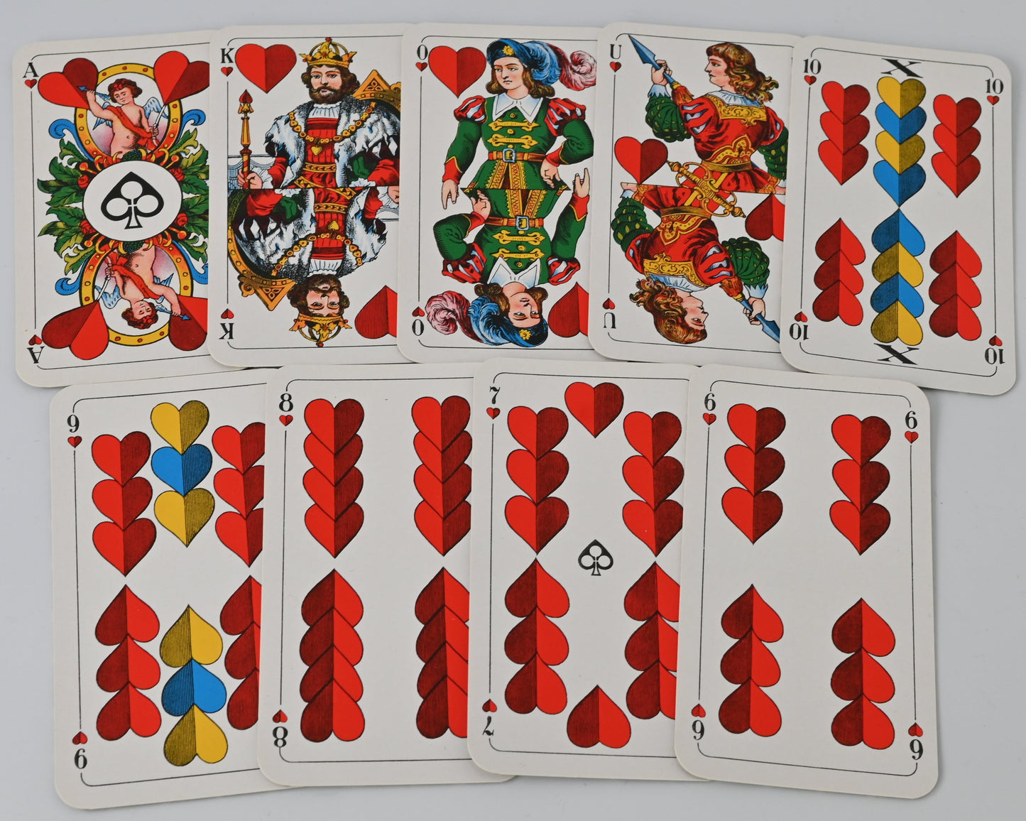 Tarock Kartenspiel, Altenburger Spielkarten, bayerisches Doppelbild, deutsches Blatt, für Tarock und Schafkopf, Einzelstück, 1950er Jahre