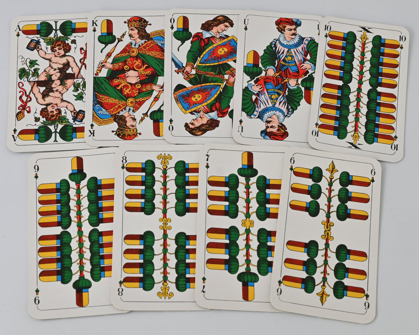 Tarock Kartenspiel, Altenburger Spielkarten, bayerisches Doppelbild, deutsches Blatt, für Tarock und Schafkopf, Einzelstück, 1950er Jahre