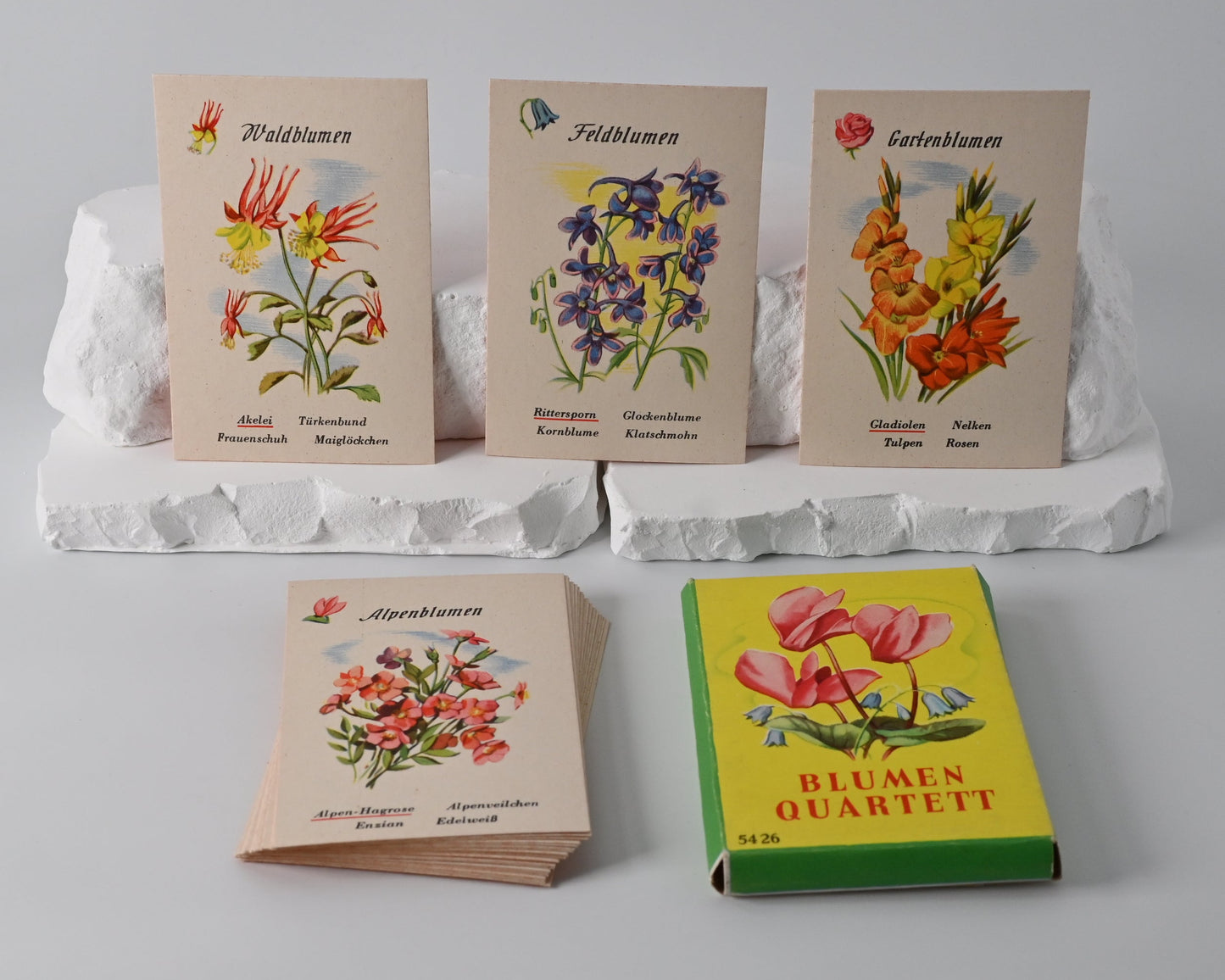 Blumenquartett – Schwager & Steinlein, Vintage Quartettspiel, vollständig, Originalschachtel, Einzelstück – 1950er Jahre