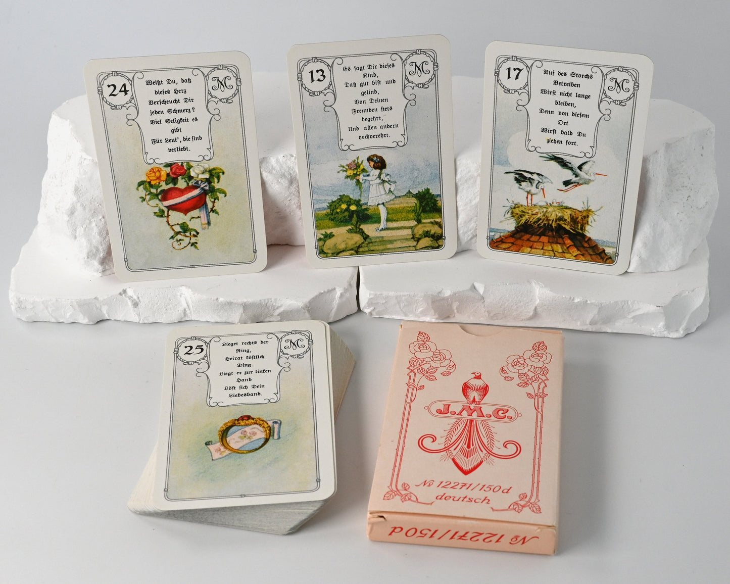 Vintage Lenormand Fortune Telling Cards Lemona with Verses, J. M. Müller & Cie, Vintage Oracle Deck, Unique Piece, 1970s