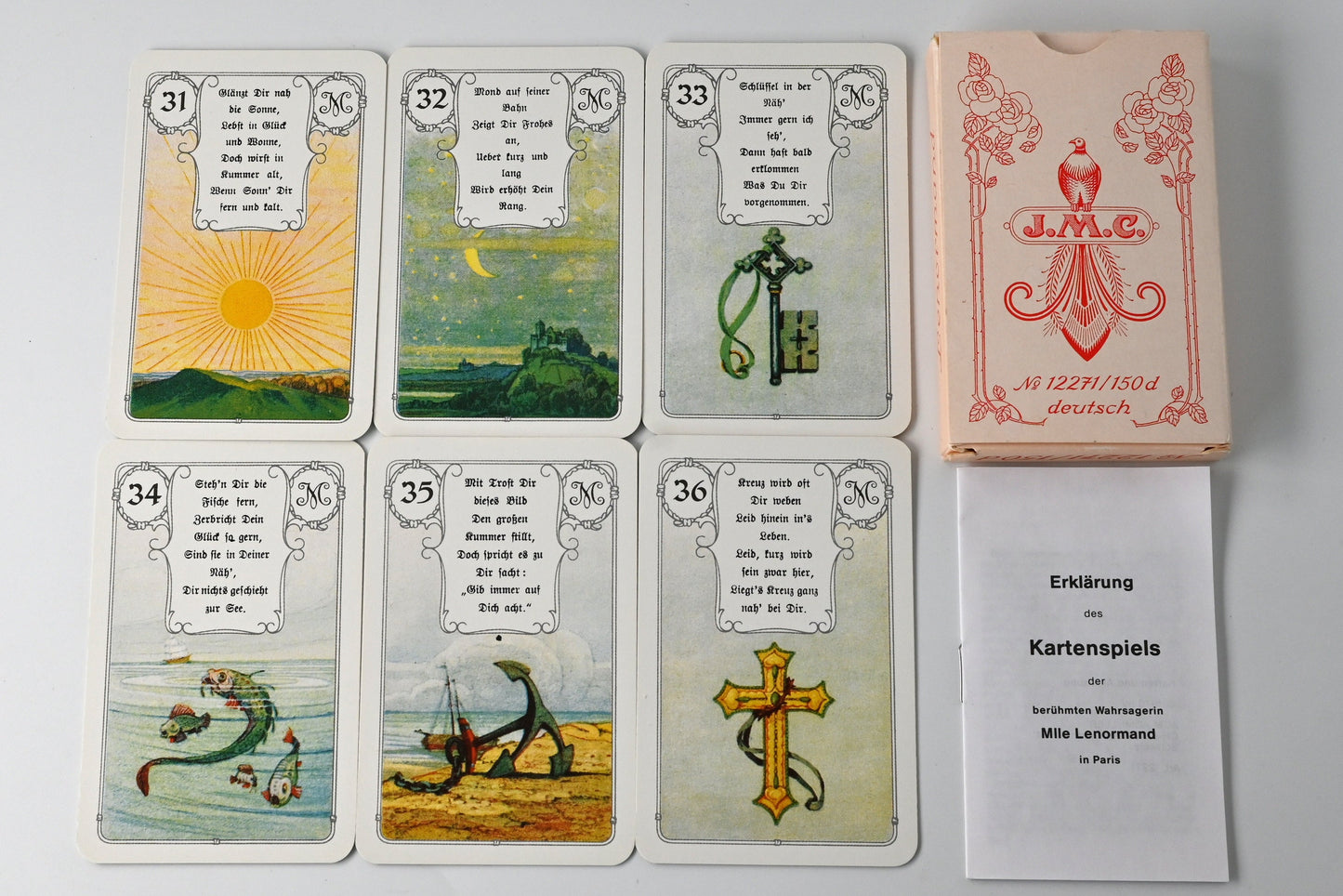 Vintage Lenormand Fortune Telling Cards Lemona with Verses, J. M. Müller & Cie, Vintage Oracle Deck, Unique Piece, 1970s