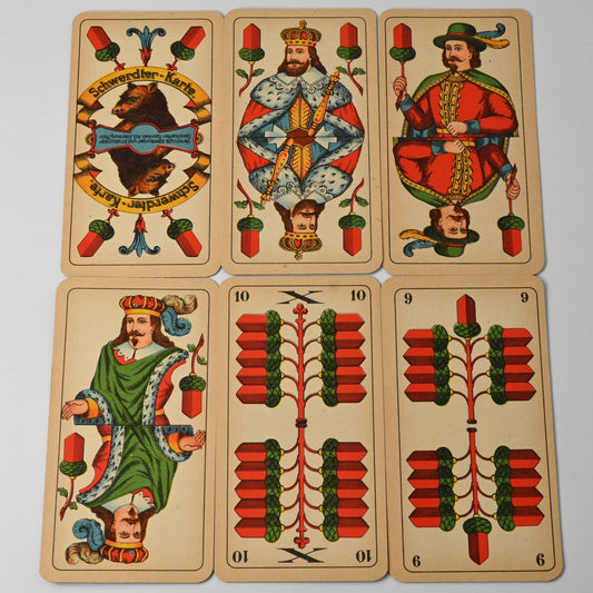 Doppelkopf Spielkarten Nr 128 D, Altenburger Spielkarten, Schwerdter Karte, sächsisches Doppelbild, Einzelstück, 1940er Jahre