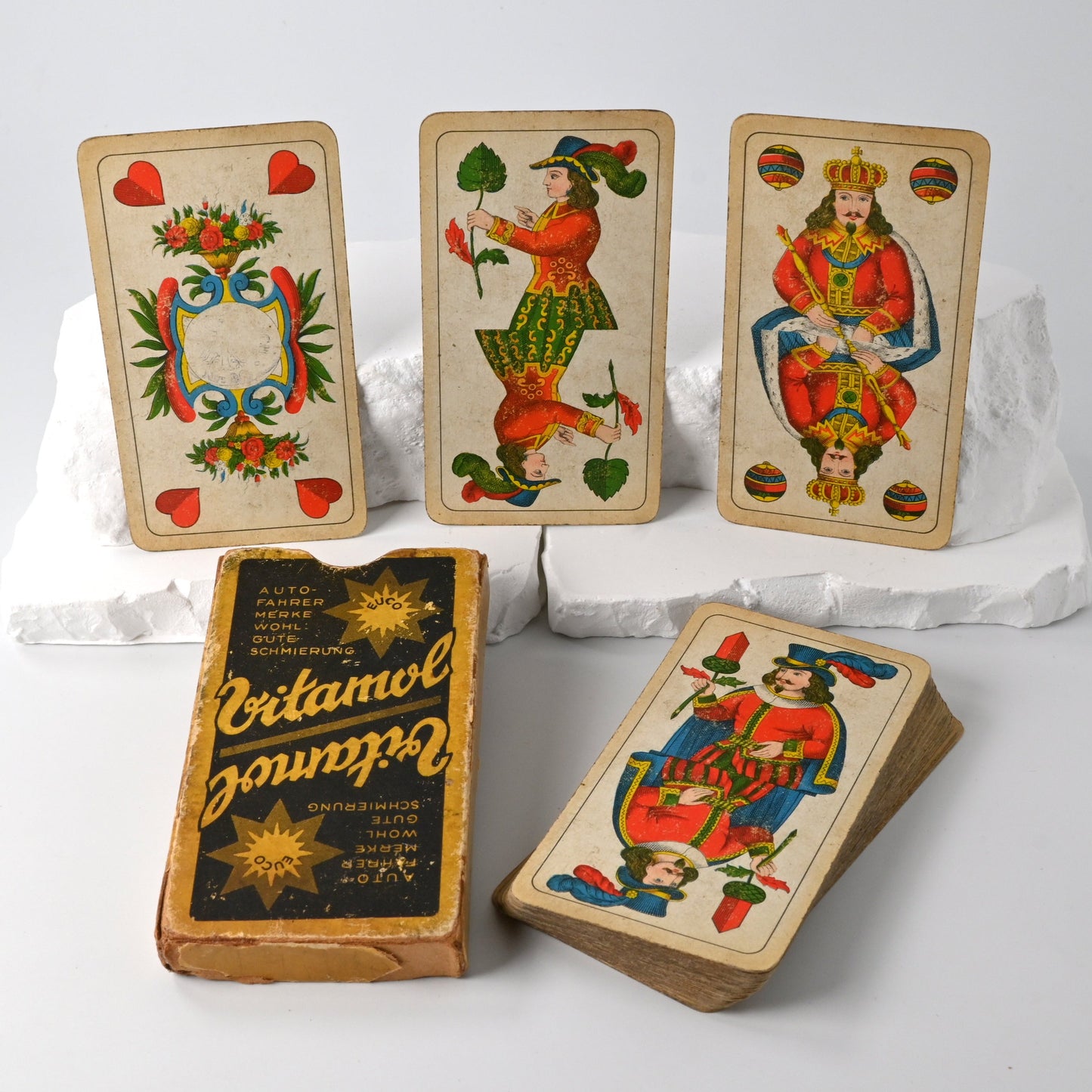Skatspiel, Altenburger Spielkarten, feinste Doppelbilder Karte, deutsches Blatt, Vitamol Reklame, Einzelstück, 1930er Jahre