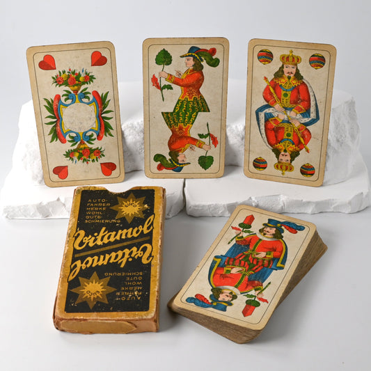 Skatspiel, Altenburger Spielkarten, feinste Doppelbilder Karte, deutsches Blatt, Vitamol Reklame, Einzelstück, 1930er Jahre