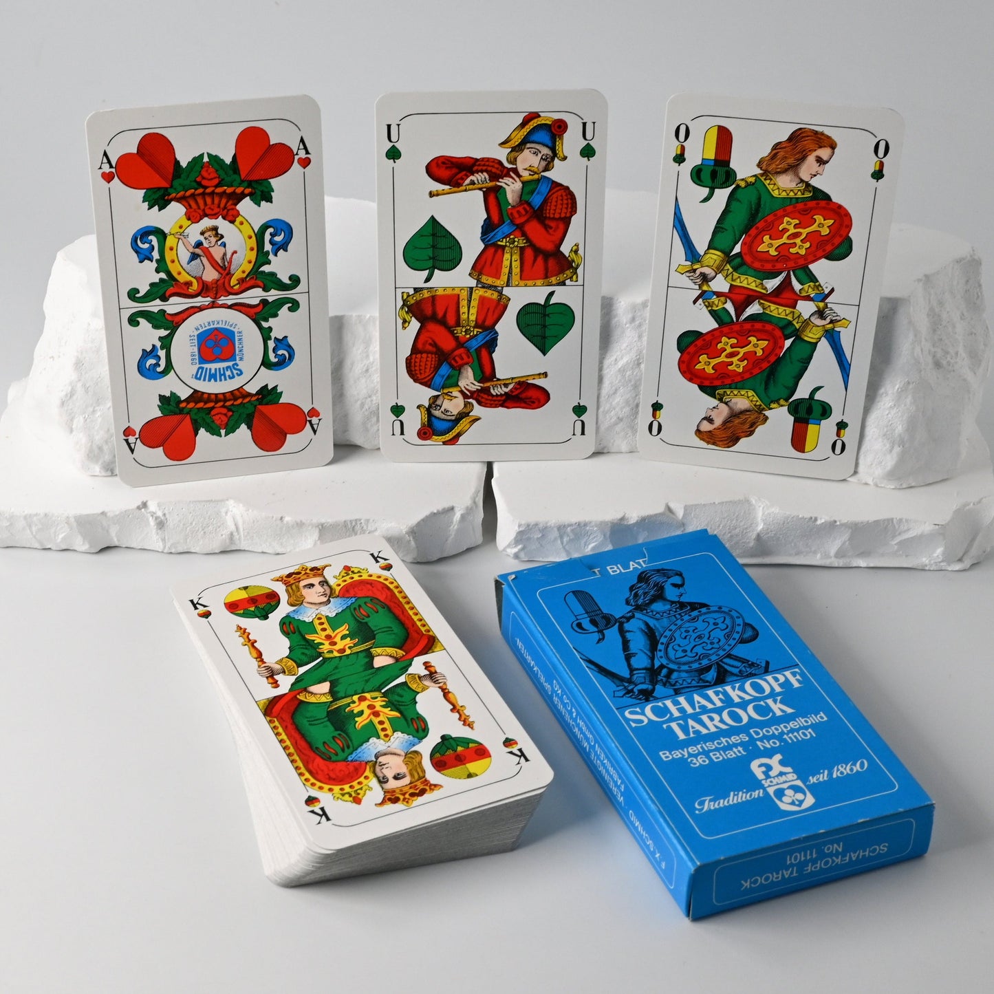Tarock- und Schafkopfspiel – F.X. Schmid Spielkarten, bayerisches Doppelbild, Reklame BayWa, Einzelstück – 1970er Jahre
