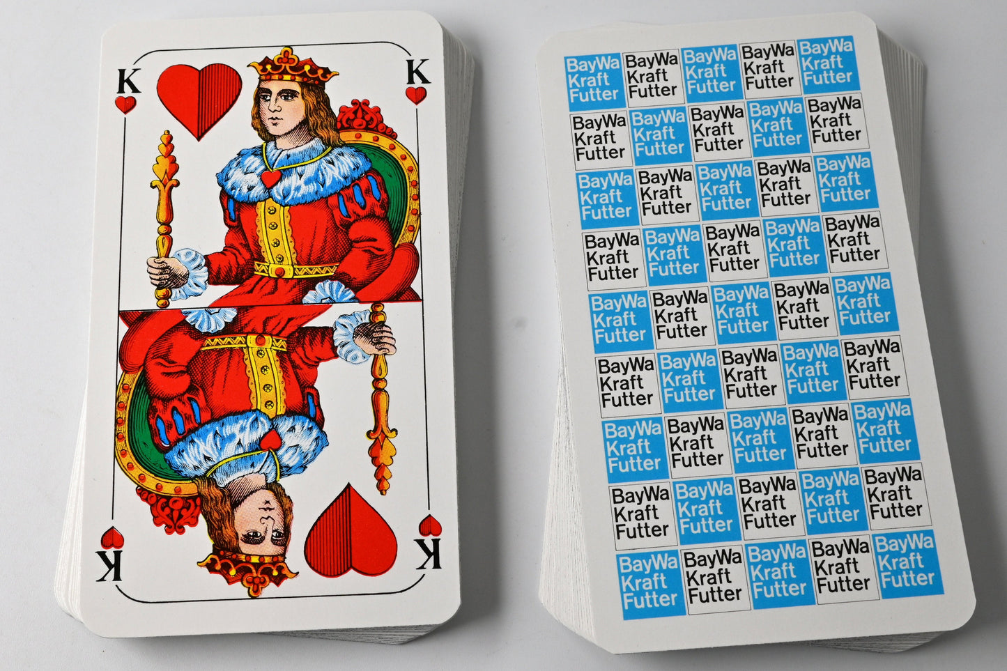 Tarock- und Schafkopfspiel – F.X. Schmid Spielkarten, bayerisches Doppelbild, Reklame BayWa, Einzelstück – 1970er Jahre