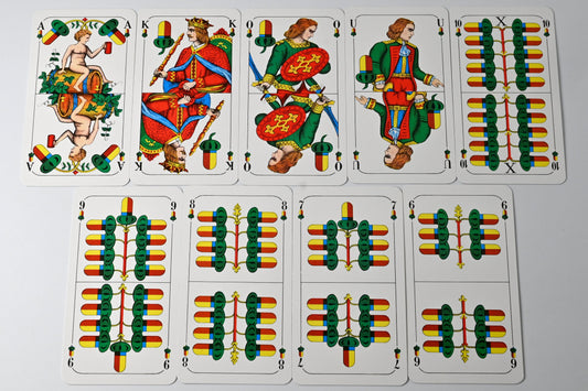 Tarock- und Schafkopfspiel – F.X. Schmid Spielkarten, bayerisches Doppelbild, Reklame BayWa, Einzelstück – 1970er Jahre