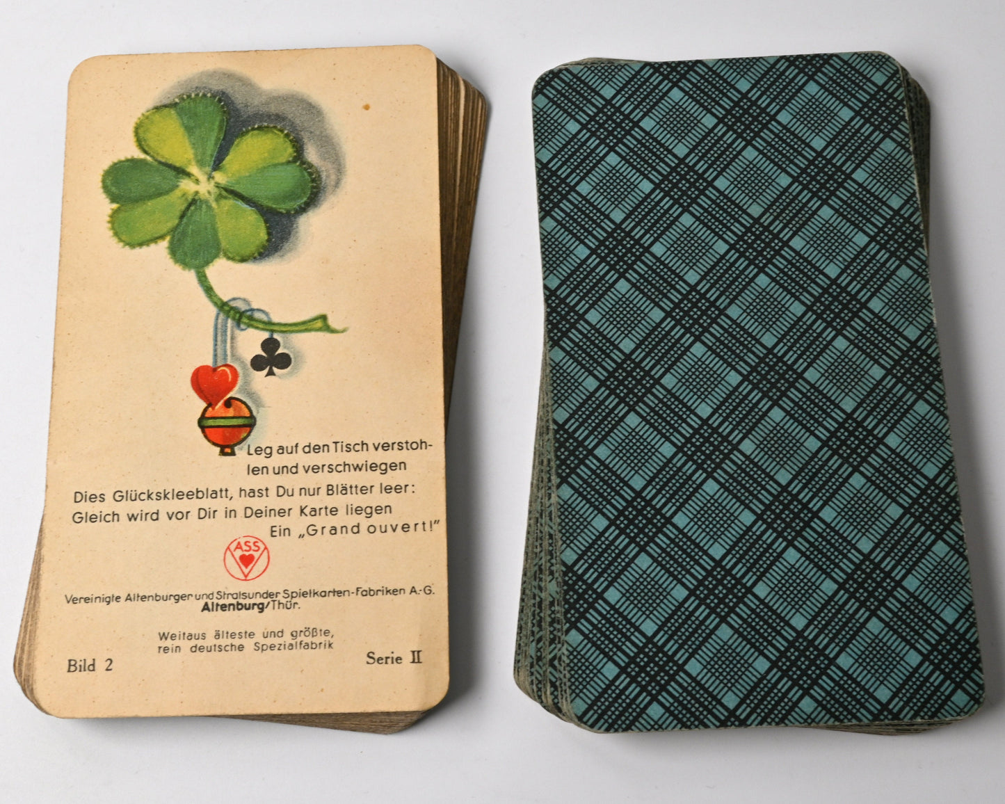 Skat Game in Wooden Box, Altenburger Playing Cards, Prussian Double-Head Pattern, German-Suited Deck, One-of-a-Kind, 1940s