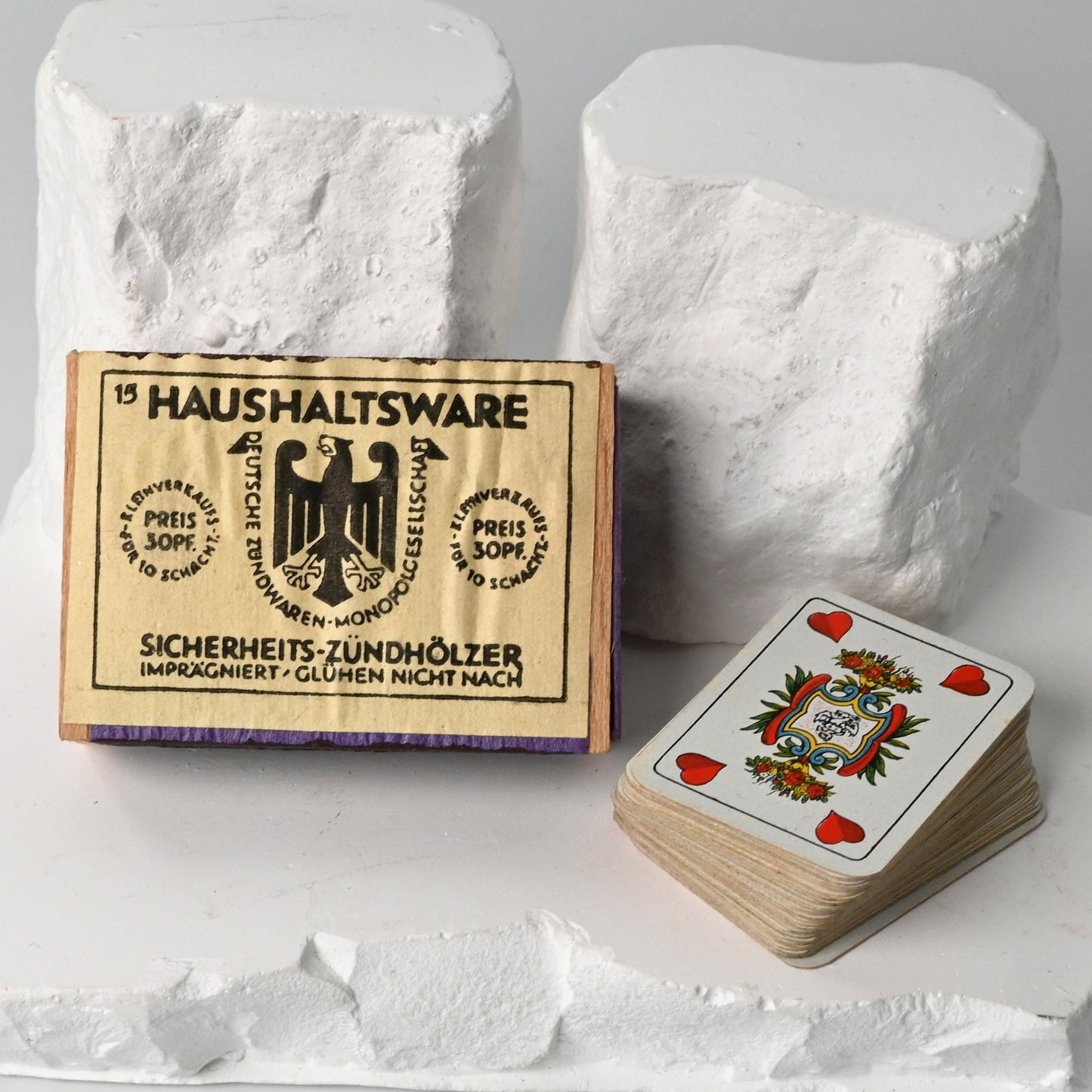 Tarock - Miniatur, Schafkopf, in Streichholzschachtel, B Dondorf Design in ASS Zeit, feine Doppelbilder Karte, Einzelstück, 1930er Jahre