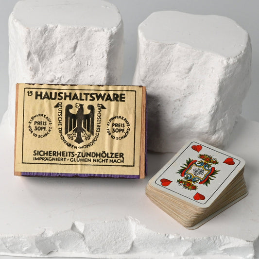 Tarock - Miniatur, Schafkopf, in Streichholzschachtel, B Dondorf Design in ASS Zeit, feine Doppelbilder Karte, Einzelstück, 1930er Jahre
