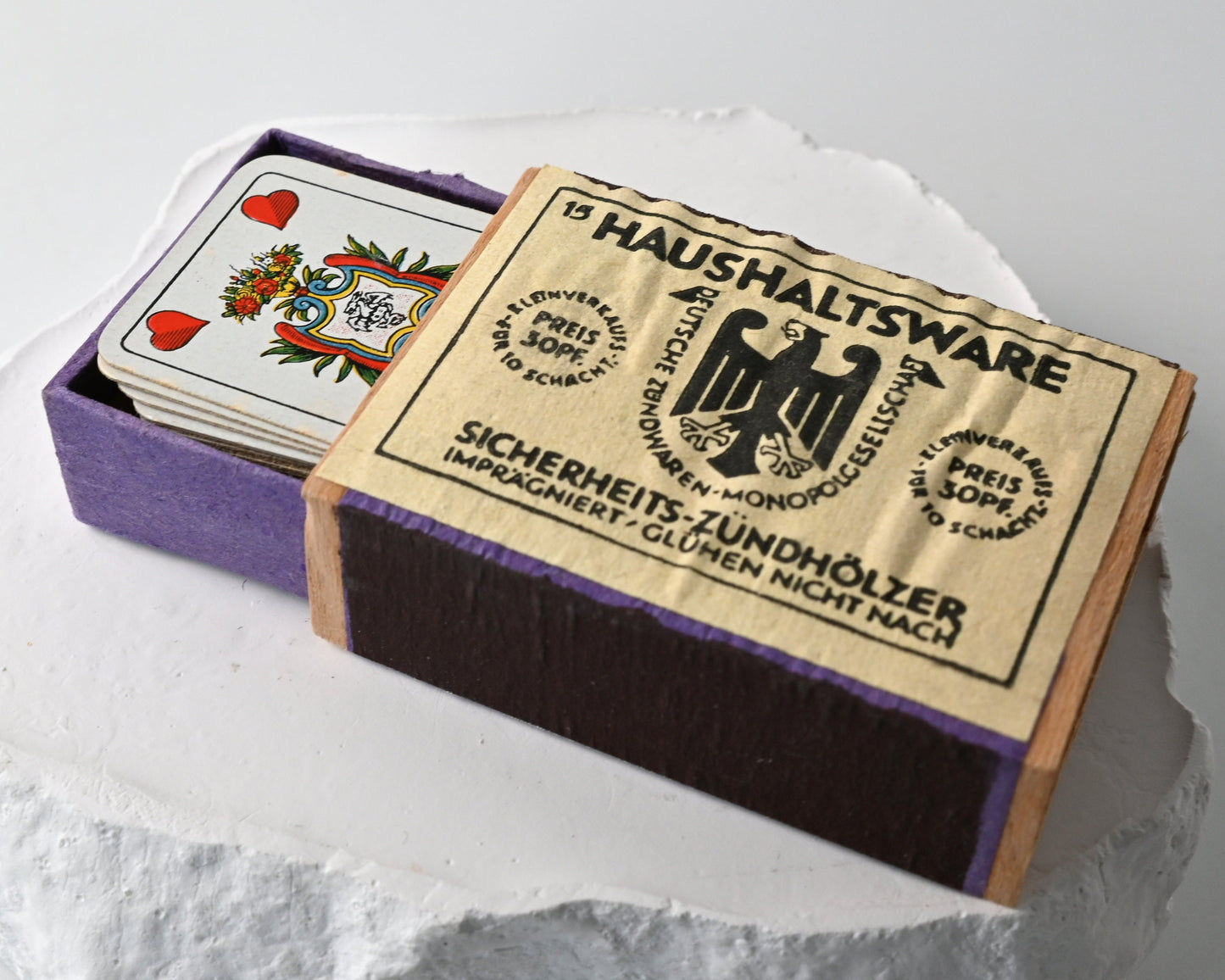 Tarock - Miniatur, Schafkopf, in Streichholzschachtel, B Dondorf Design in ASS Zeit, feine Doppelbilder Karte, Einzelstück, 1930er Jahre