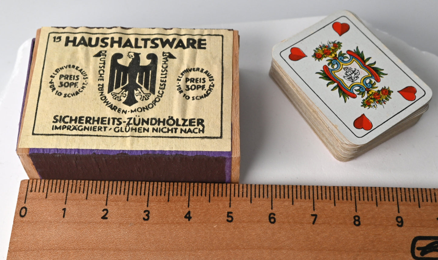 Tarock - Miniatur, Schafkopf, in Streichholzschachtel, B Dondorf Design in ASS Zeit, feine Doppelbilder Karte, Einzelstück, 1930er Jahre
