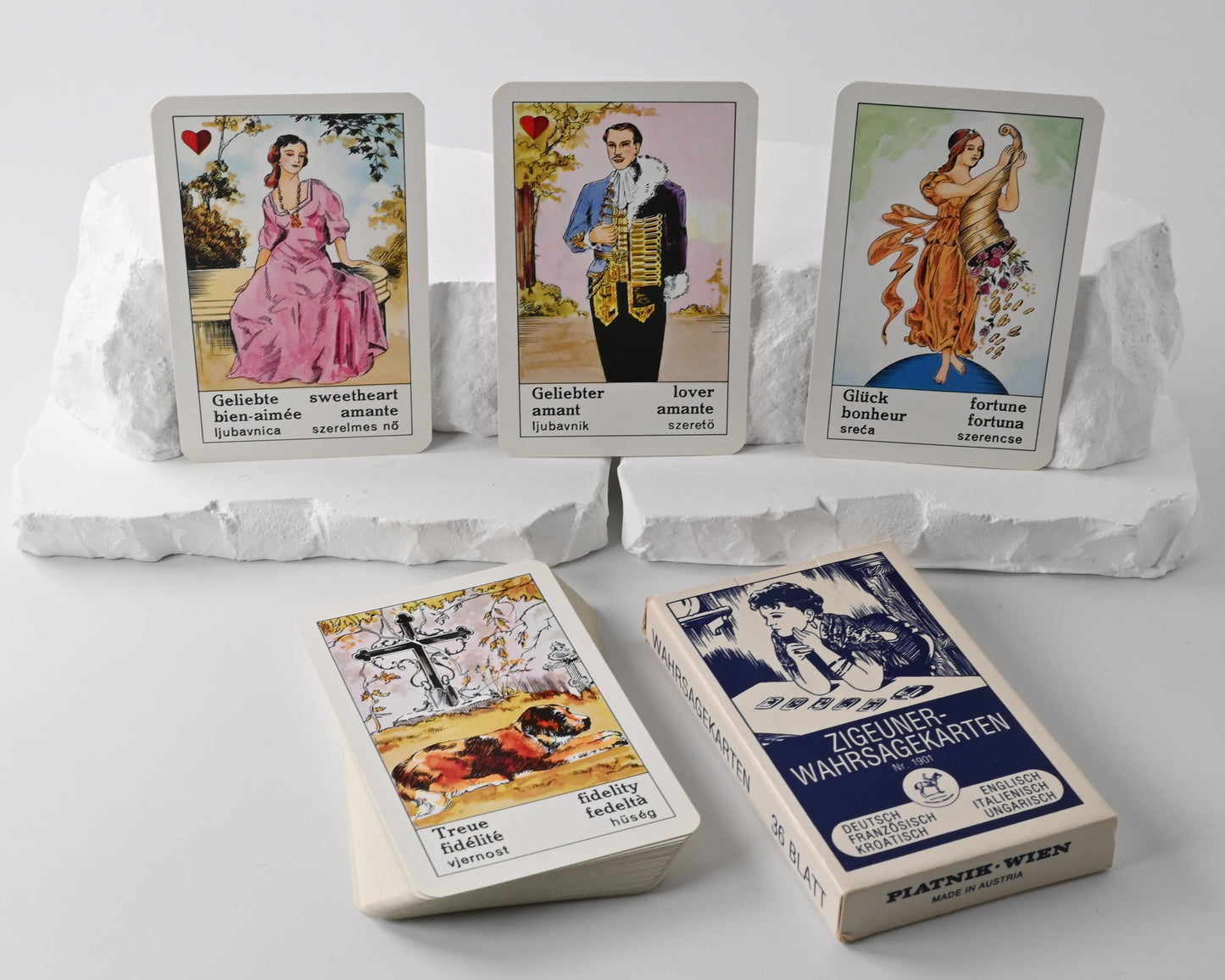 Vintage Wahrsagekarten, Piatnik Wien Nr. 1901, Orakeldeck mit Anleitung, ungespielt, neuwertig, Einzelstück, 1980er Jahre