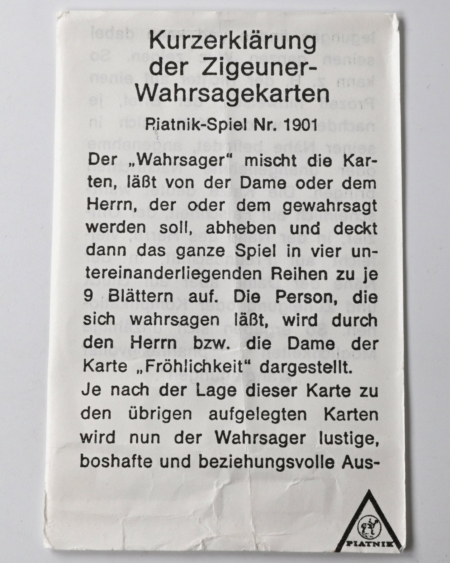 Vintage Wahrsagekarten, Piatnik Wien Nr. 1901, Orakeldeck mit Anleitung, ungespielt, neuwertig, Einzelstück, 1980er Jahre