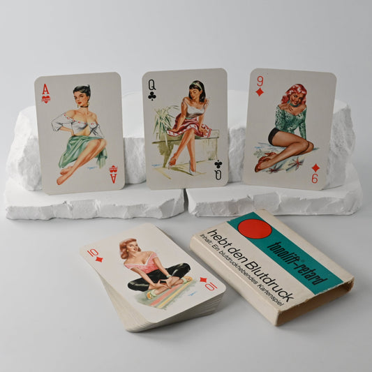 Skatspiel, Bielefelder Spielkartenfabrik, Pin-Up Werbemotiv - Tonolift hebt den Blutdruck, französisches Blatt, 1960er Jahre