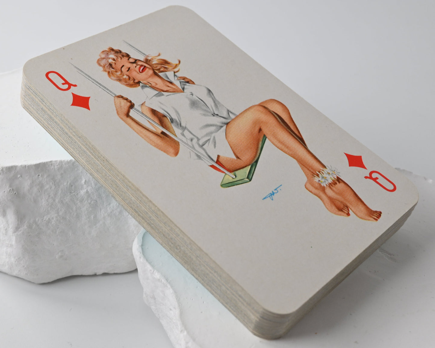 Skatspiel, Bielefelder Spielkartenfabrik, Pin-Up Werbemotiv - Tonolift hebt den Blutdruck, französisches Blatt, 1960er Jahre