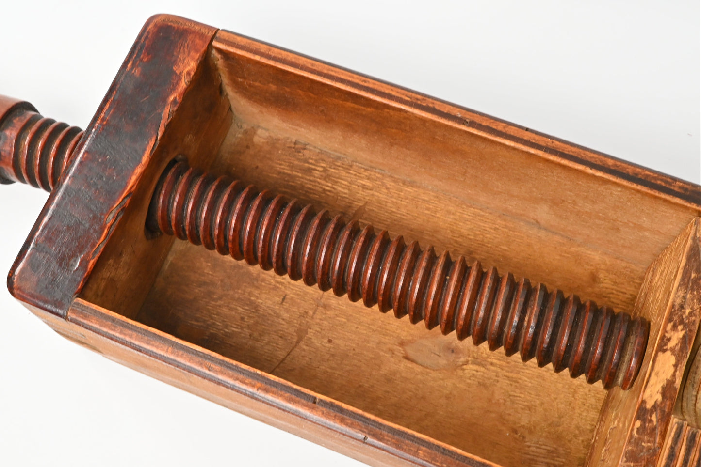 Spielkartenpresse aus Holz – handgefertigte Spindelpresse, inklusive Pressbrettchen – ca. 1890er Jahre
