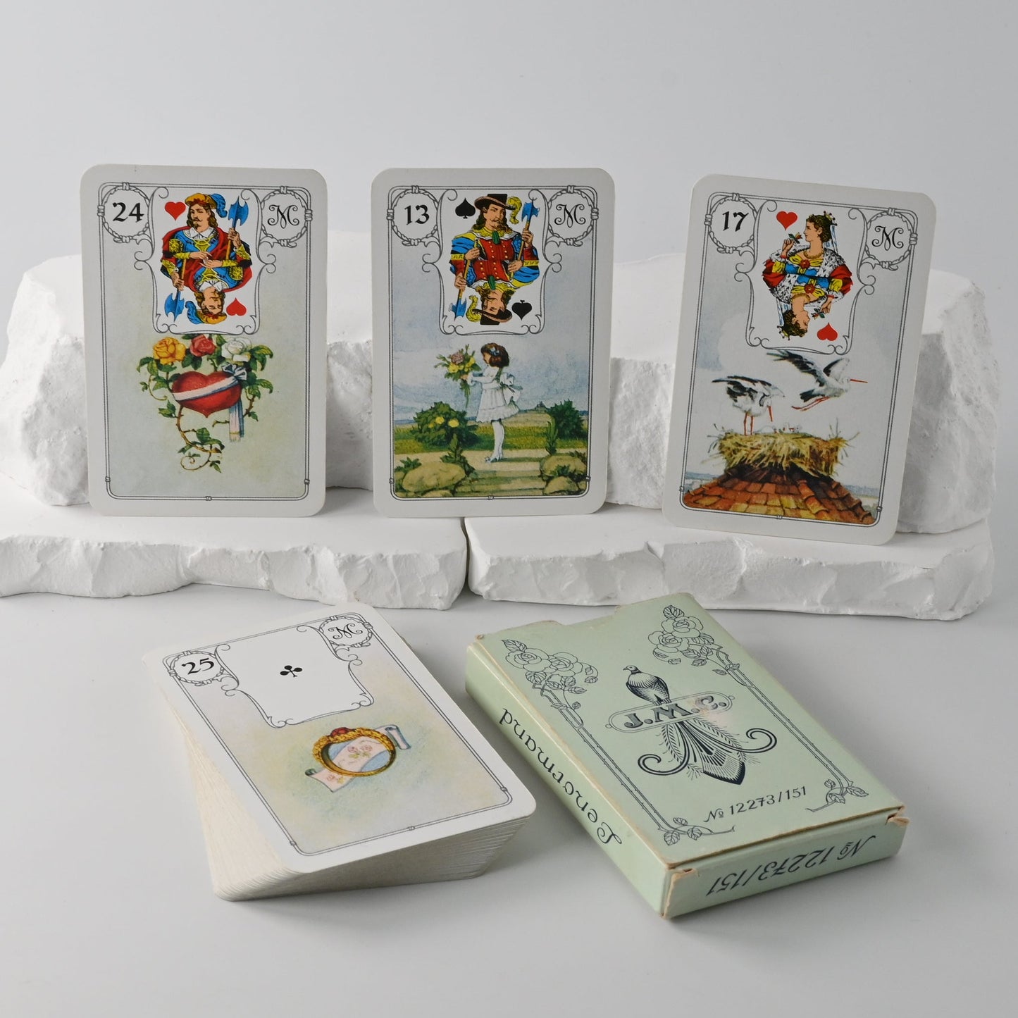 Vintage Lenormand Wahrsagekarten mit traditionellen Spielkartenmotiven, klassisches Zukunftsorakel, J. M. Müller Cie, Einzelstück, 1970er Jahre
