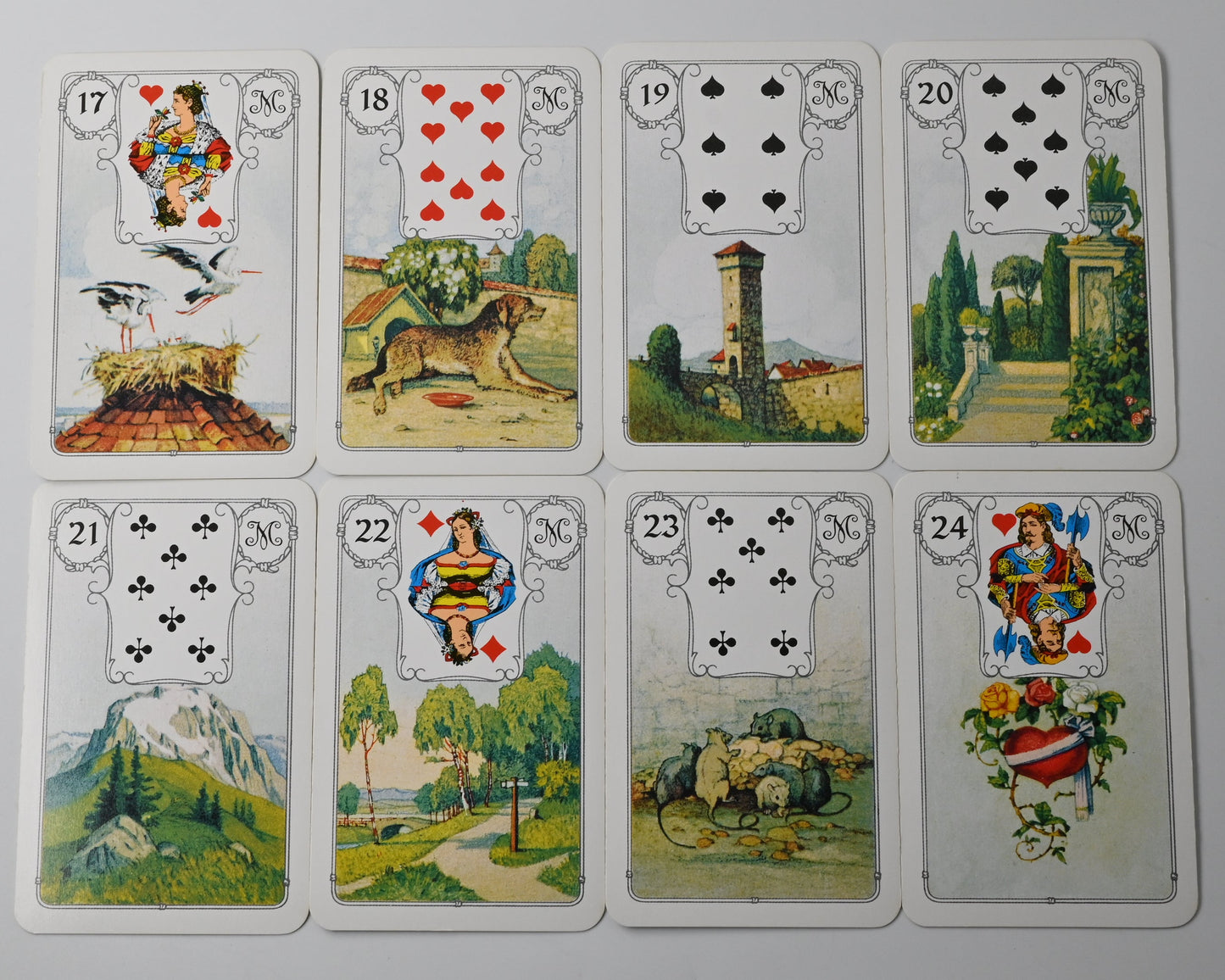 Vintage Lenormand Wahrsagekarten mit traditionellen Spielkartenmotiven, klassisches Zukunftsorakel, J. M. Müller Cie, Einzelstück, 1970er Jahre