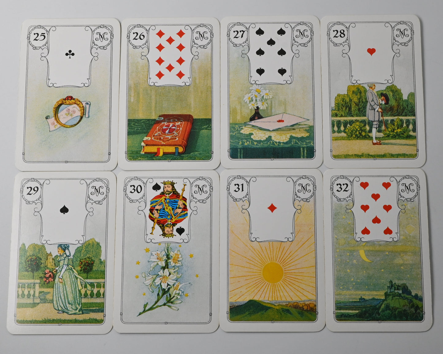 Vintage Lenormand Wahrsagekarten mit traditionellen Spielkartenmotiven, klassisches Zukunftsorakel, J. M. Müller Cie, Einzelstück, 1970er Jahre