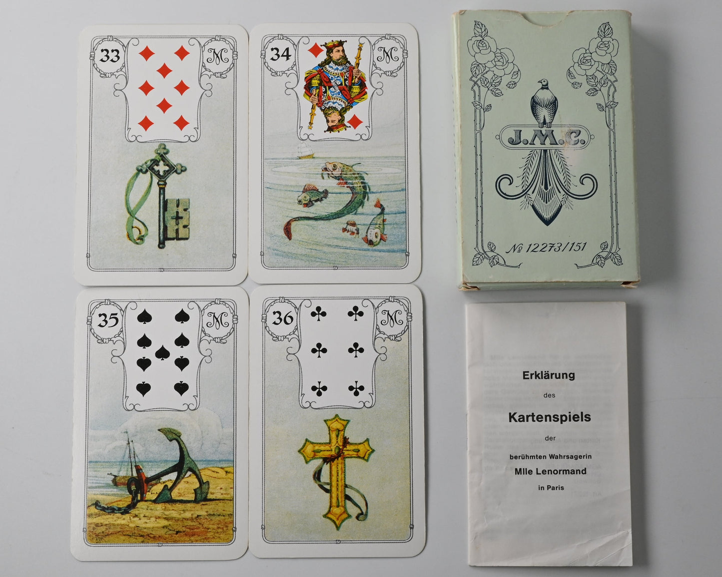 Vintage Lenormand Wahrsagekarten mit traditionellen Spielkartenmotiven, klassisches Zukunftsorakel, J. M. Müller Cie, Einzelstück, 1970er Jahre
