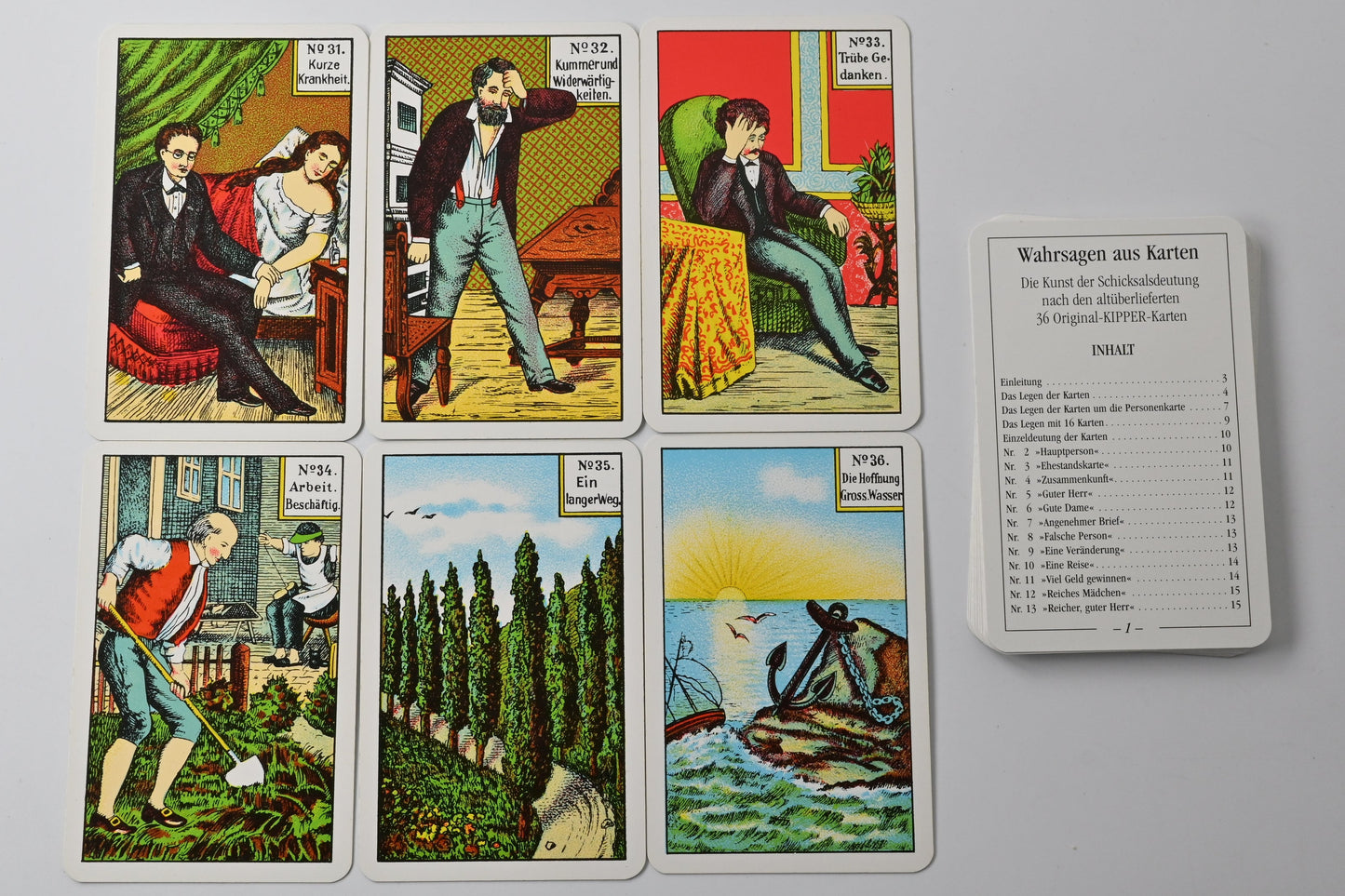 Kipperkarten Wahrsagekarten Set, Original Kipper - 36 Blatt, mit Buch und zusaetzlichem Band II, Orakelkarten, Einzelstück, 1990er Jahre