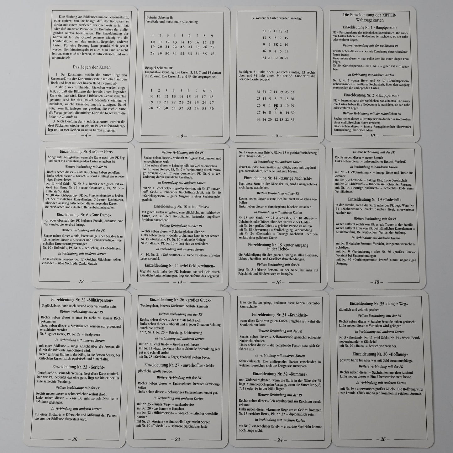 Kipperkarten Wahrsagekarten Set, Original Kipper - 36 Blatt, mit Buch und zusaetzlichem Band II, Orakelkarten, Einzelstück, 1990er Jahre