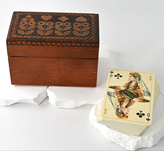 Kartenspiel in Holzbox, Altenburger Spielkarten, Kaiserkarte Reprint, Rommé, Poker, Canasta, Bridge, Einzelstück, 1960er Jahre