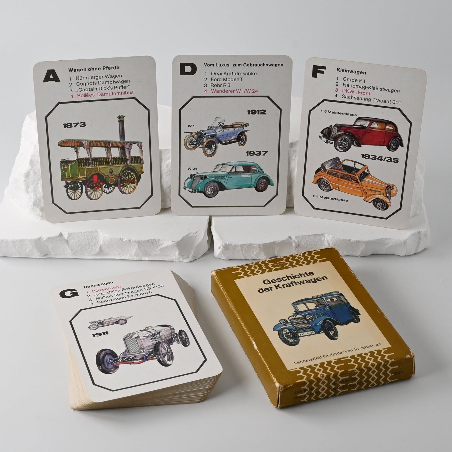 Quartettspiel – Geschichte der Kraftwagen (Auto-Quartett), Altenburger Spielkartenfabrik DDR, Einzelstück – 1980er Jahre