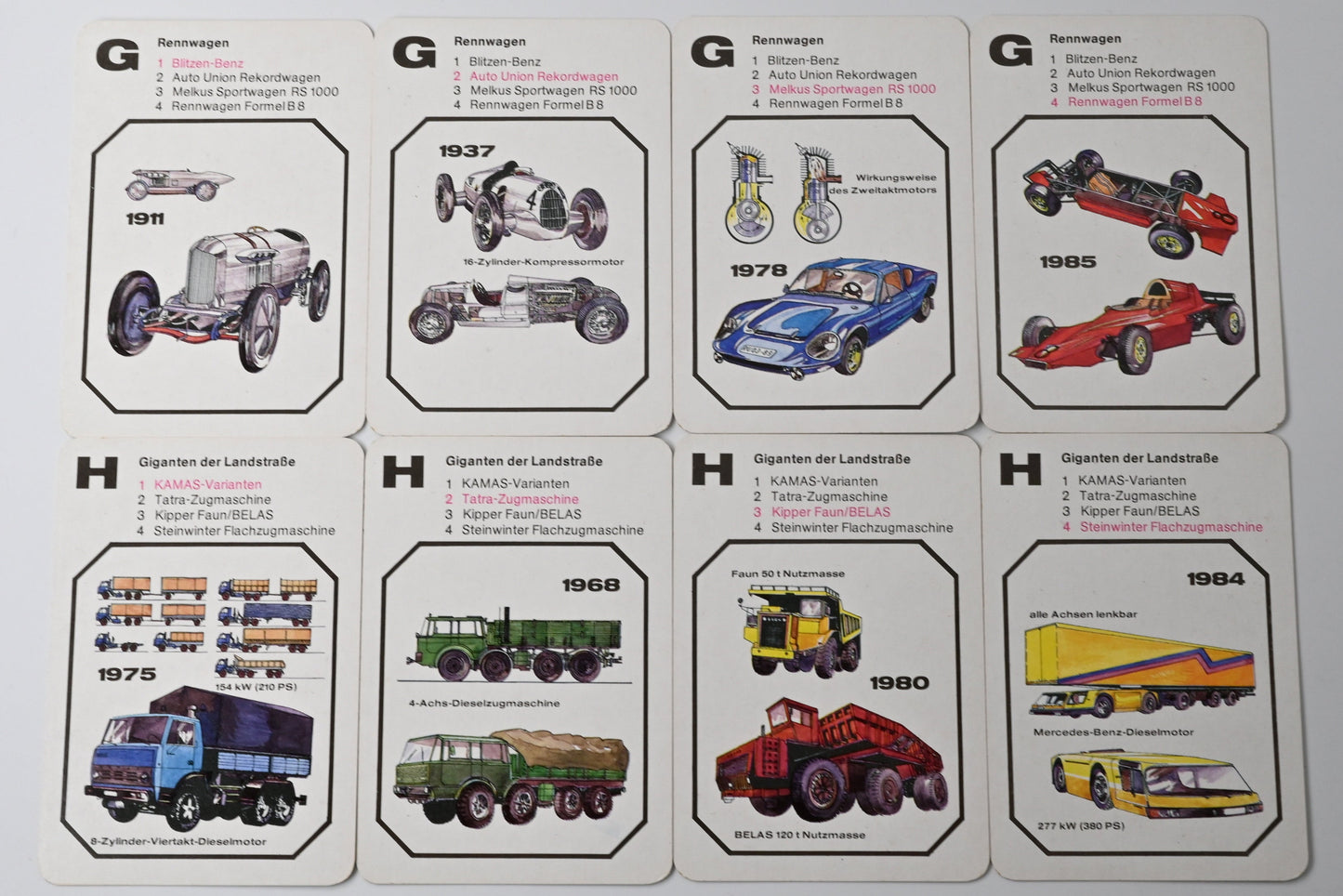 Quartettspiel – Geschichte der Kraftwagen (Auto-Quartett), Altenburger Spielkartenfabrik DDR, Einzelstück – 1980er Jahre
