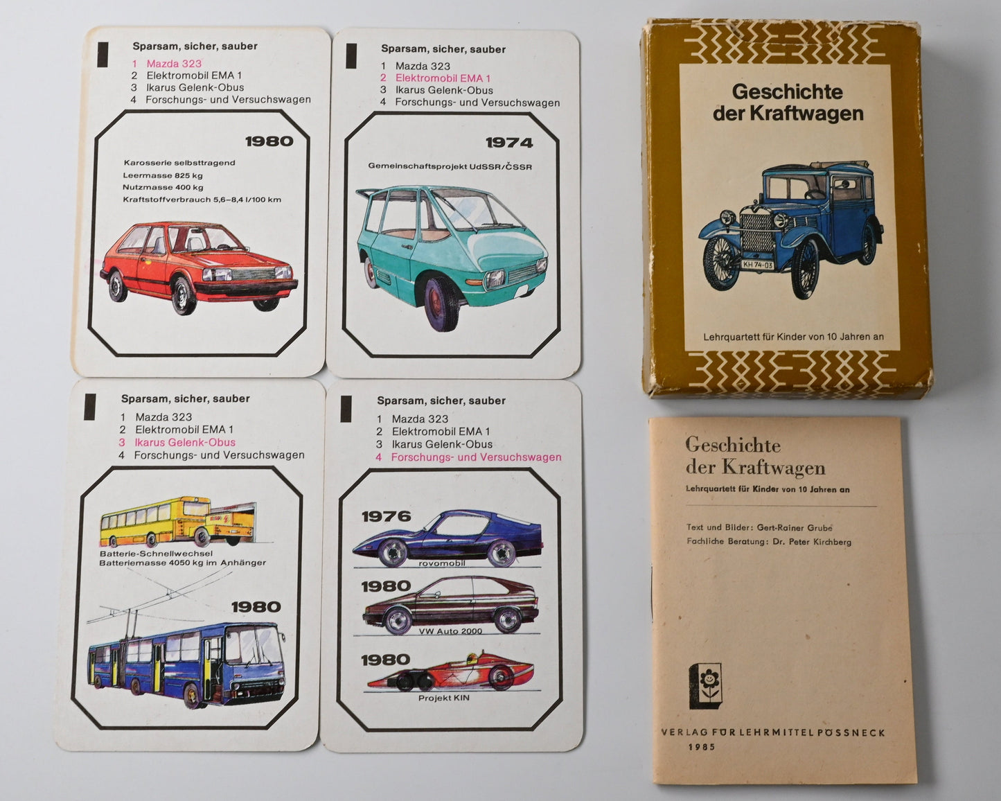 Quartettspiel – Geschichte der Kraftwagen (Auto-Quartett), Altenburger Spielkartenfabrik DDR, Einzelstück – 1980er Jahre