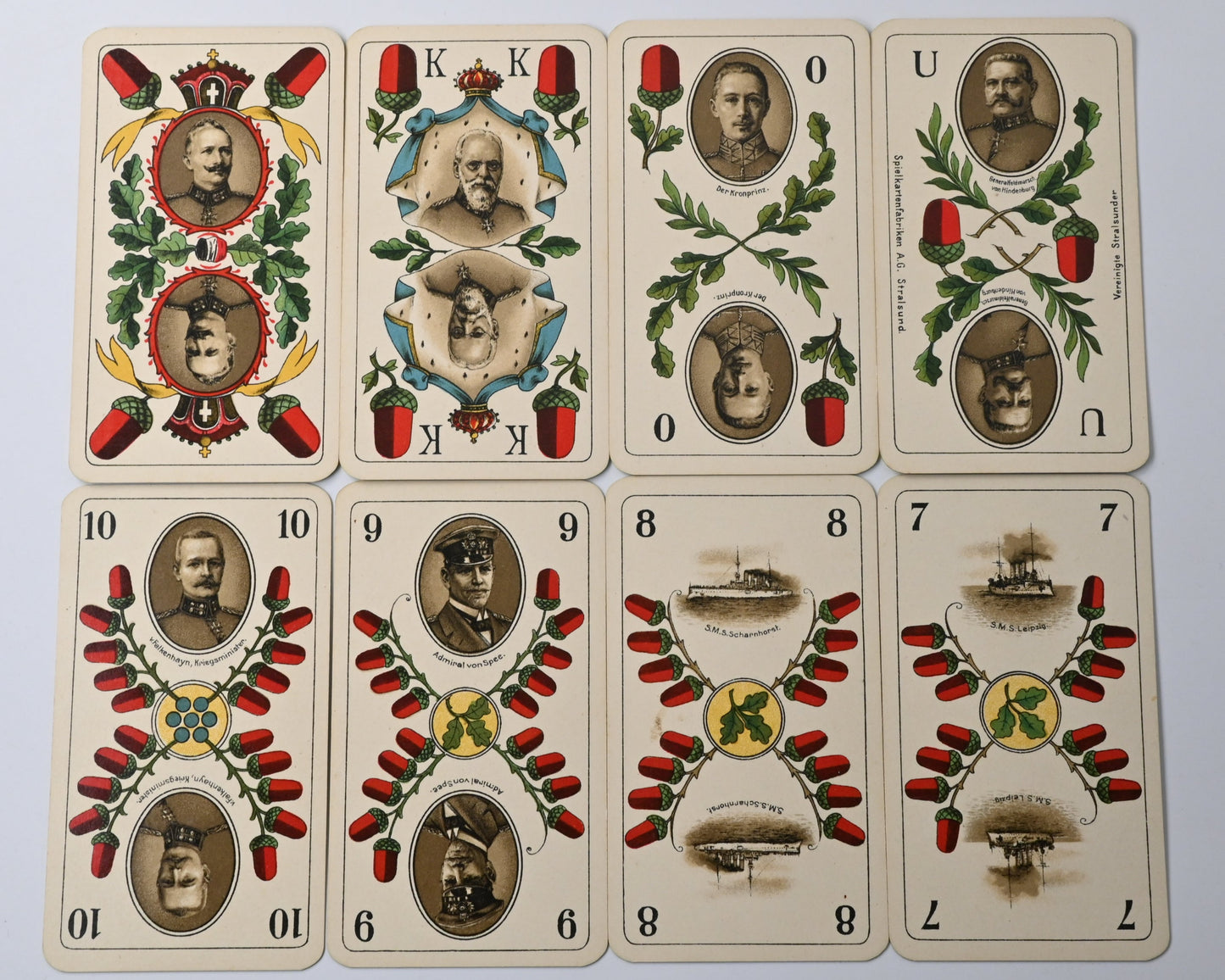 Deutsche Einheitskarte – Historisches Skatspiel mit deutschem Blatt, Vereinigte Stralsunder Spielkartenfabriken, Einzelstück, 1910er Jahre