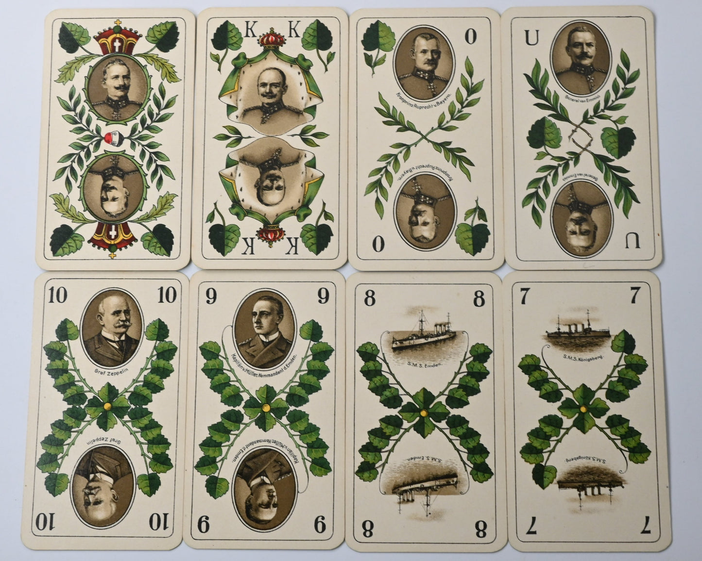 Deutsche Einheitskarte – Historisches Skatspiel mit deutschem Blatt, Vereinigte Stralsunder Spielkartenfabriken, Einzelstück, 1910er Jahre