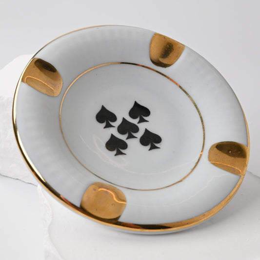 Keramik Aschenbecher Set mit Spielkartenmotiven, Mini Ascher für Poker, Bridge, Skat, Golddekor, Deutschland, Einzelstück, 1950er Jahre