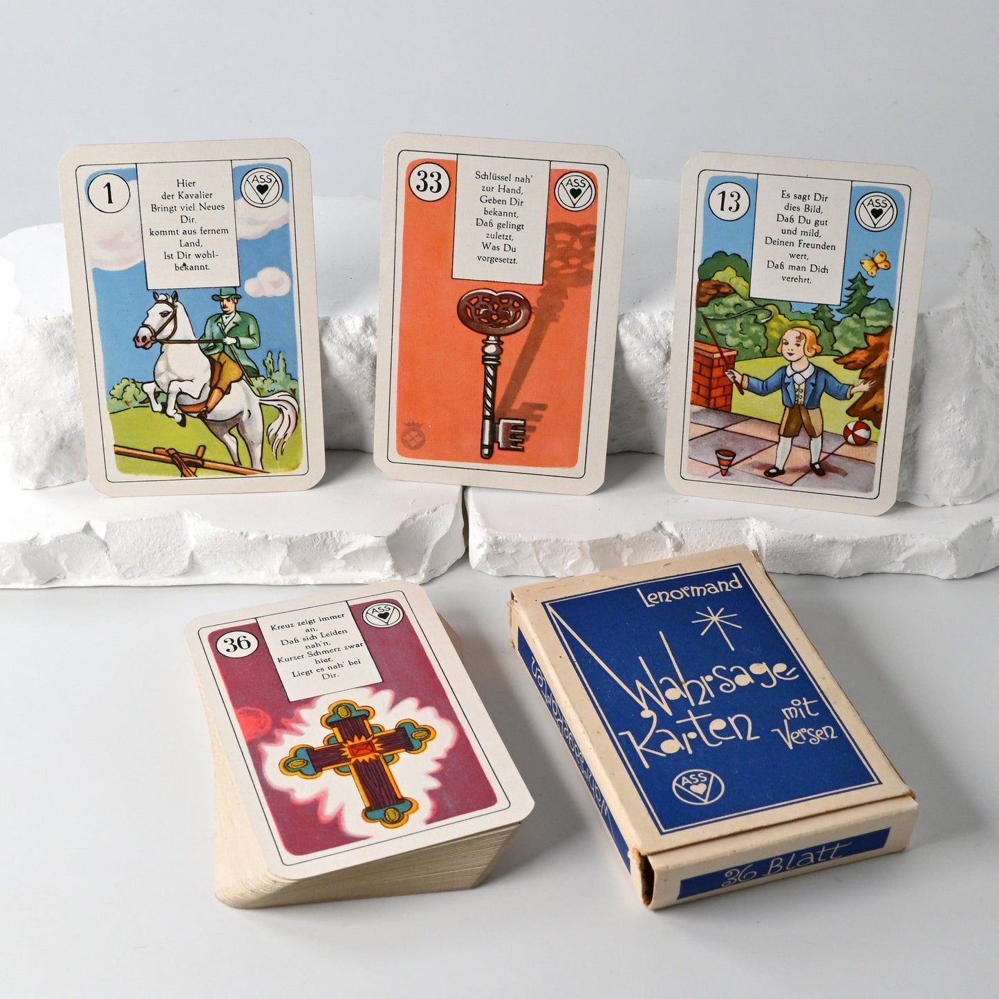 Lenormand Wahrsagekarten mit Versen, VASS Stuttgart-Süd, klassisches Orakel und Deutungsdeck, 36 Blatt, Einzelstück, 1950er Jahre