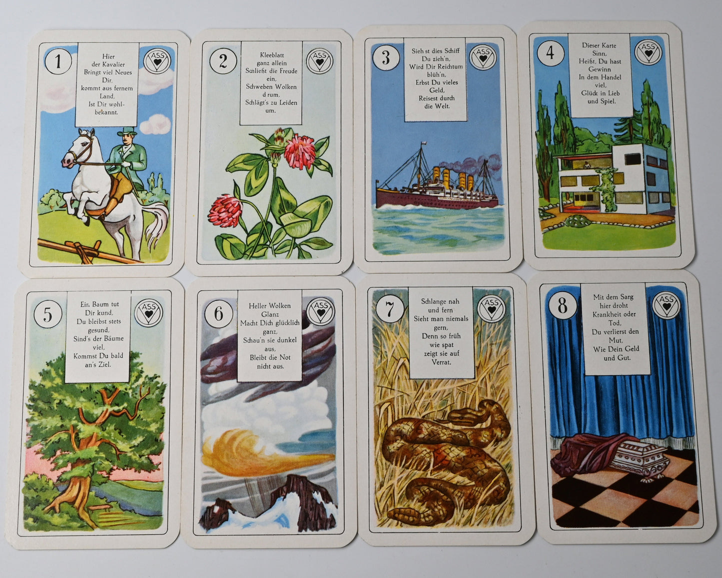 Lenormand Wahrsagekarten mit Versen, VASS Stuttgart-Süd, klassisches Orakel und Deutungsdeck, 36 Blatt, Einzelstück, 1950er Jahre
