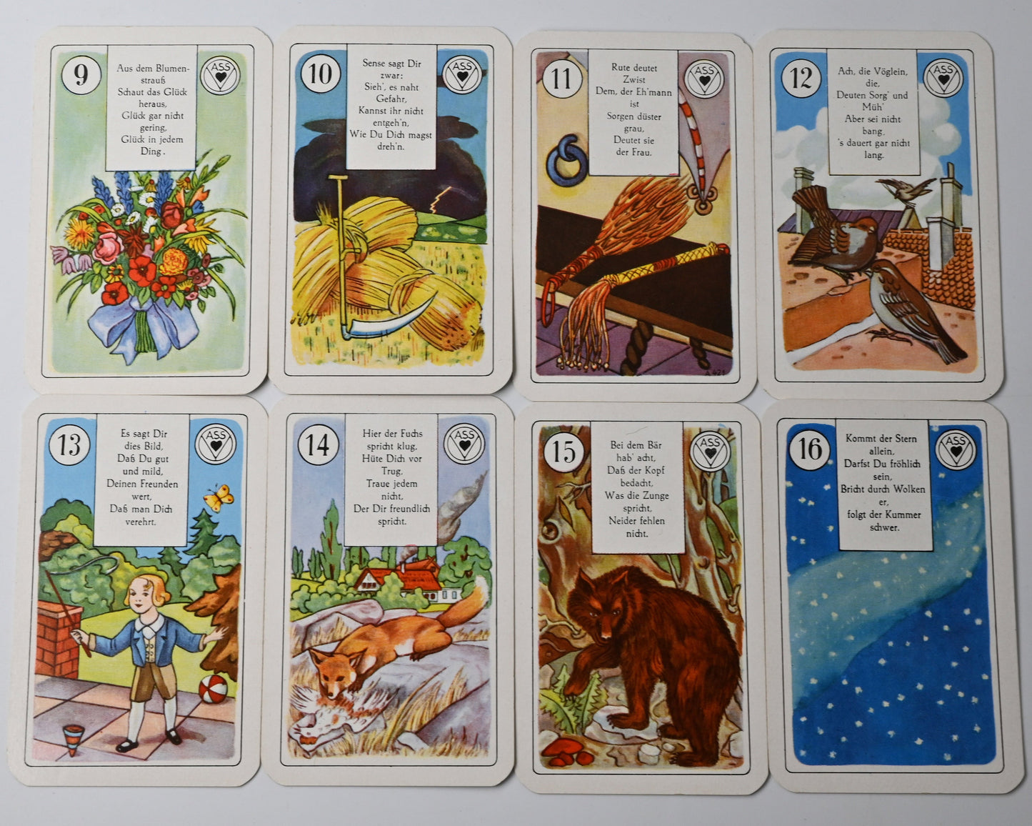 Lenormand Wahrsagekarten mit Versen, VASS Stuttgart-Süd, klassisches Orakel und Deutungsdeck, 36 Blatt, Einzelstück, 1950er Jahre