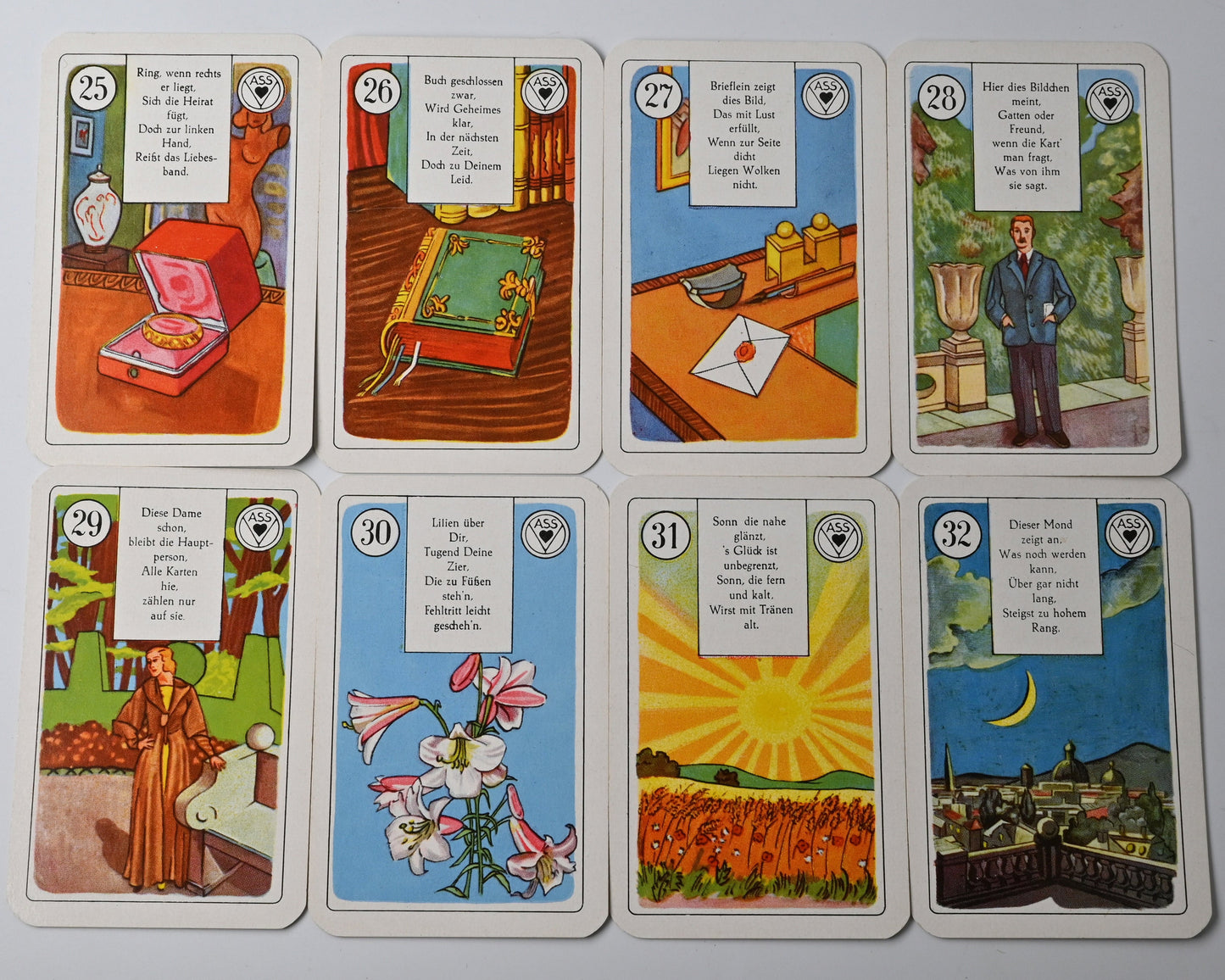 Lenormand Wahrsagekarten mit Versen, VASS Stuttgart-Süd, klassisches Orakel und Deutungsdeck, 36 Blatt, Einzelstück, 1950er Jahre