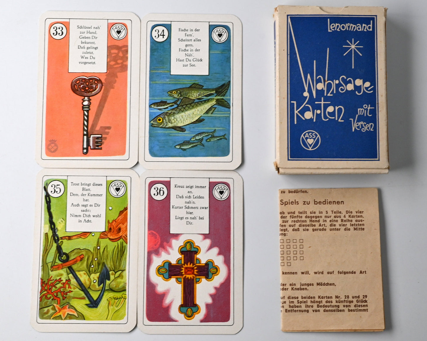 Lenormand Wahrsagekarten mit Versen, VASS Stuttgart-Süd, klassisches Orakel und Deutungsdeck, 36 Blatt, Einzelstück, 1950er Jahre